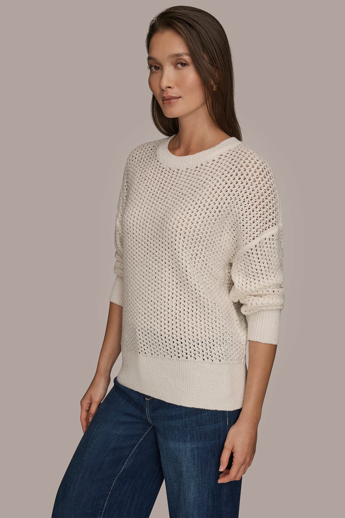 LONG SLEEVE OPEN STITCH SWEATER - CREAM