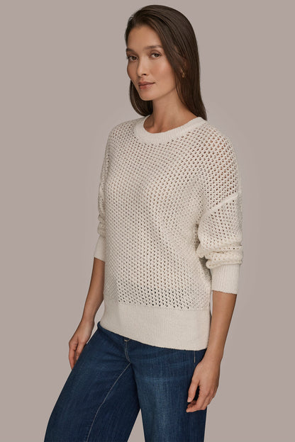 LONG SLEEVE OPEN STITCH SWEATER - CREAM