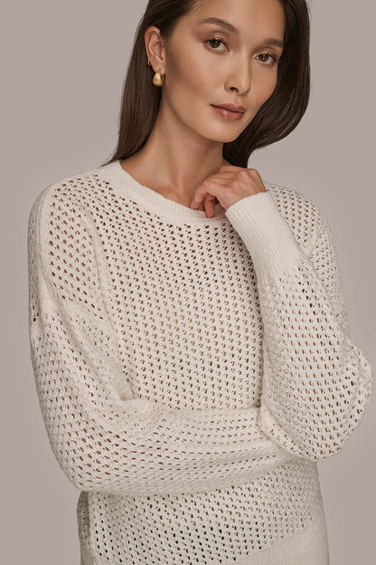 LONG SLEEVE OPEN STITCH SWEATER - CREAM