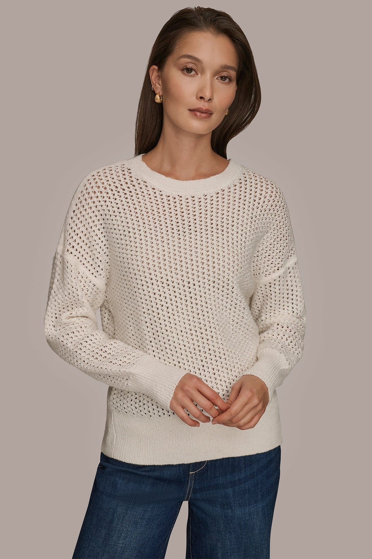 LONG SLEEVE OPEN STITCH SWEATER - CREAM