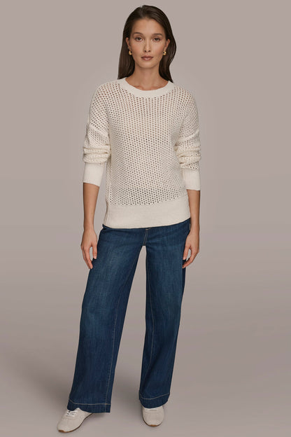 LONG SLEEVE OPEN STITCH SWEATER - CREAM