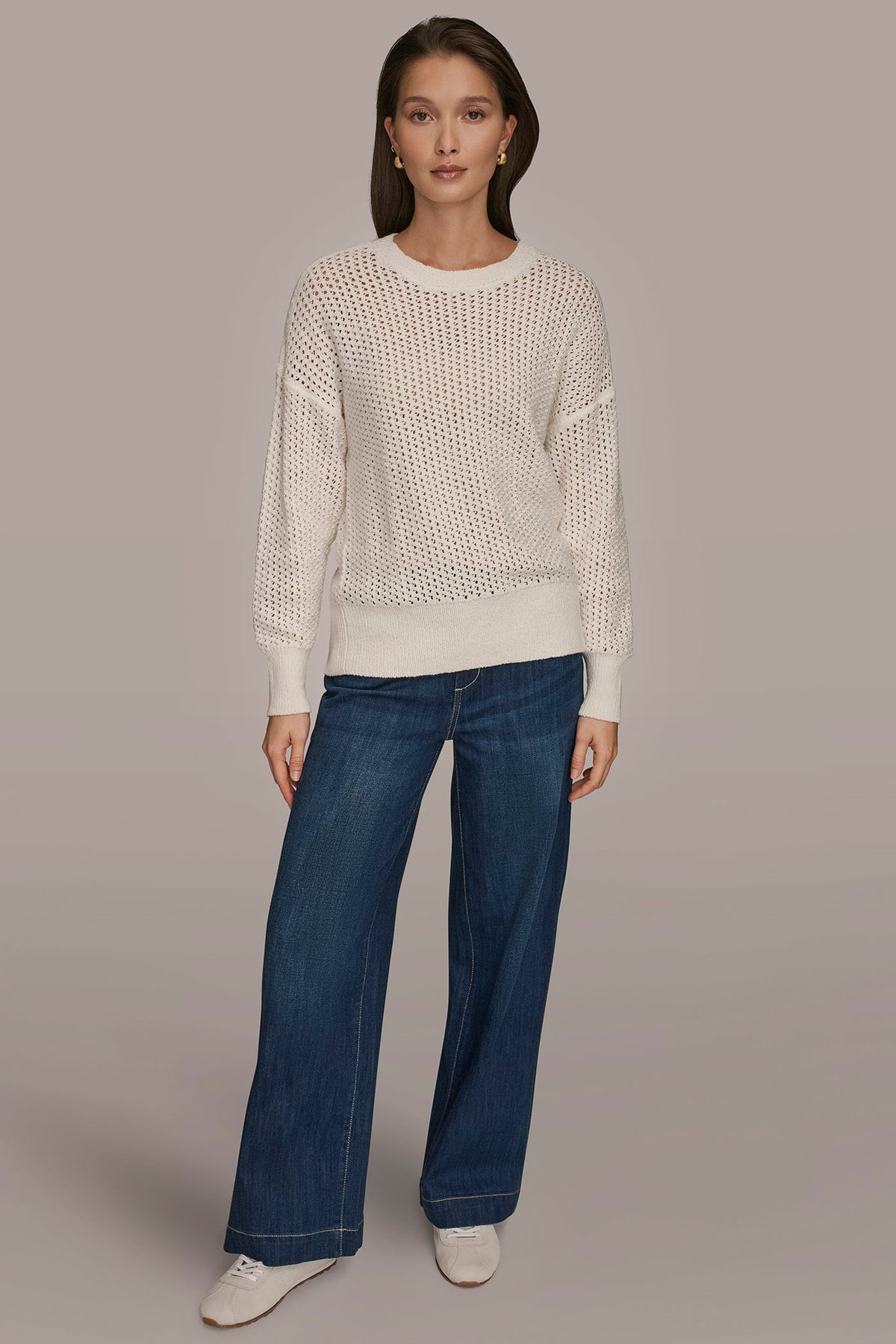 LONG SLEEVE OPEN STITCH SWEATER - CREAM