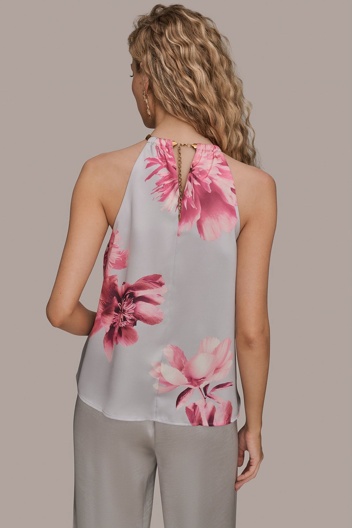 FLORAL TWIST-NECK HALTER BLOUSE - PINK SANDS MULTI