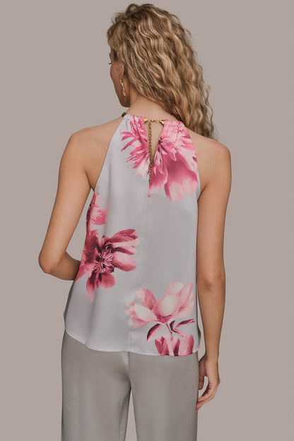 FLORAL TWIST-NECK HALTER BLOUSE - PINK SANDS MULTI