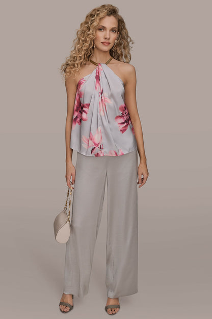 FLORAL TWIST-NECK HALTER BLOUSE - PINK SANDS MULTI