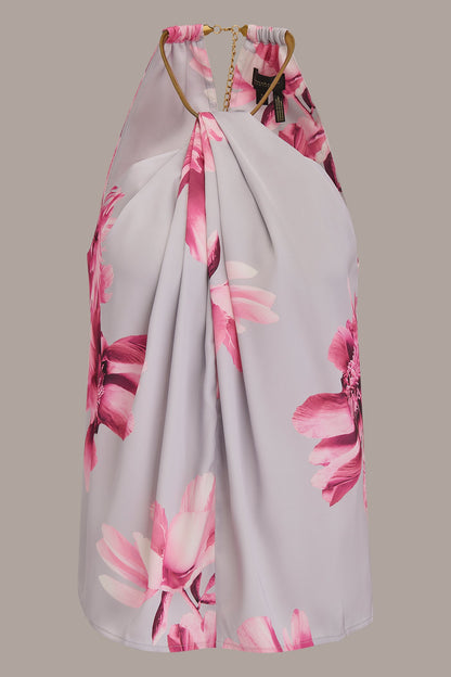 FLORAL TWIST-NECK HALTER BLOUSE - PINK SANDS MULTI