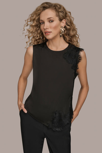 ASYMMETRIC LACE-TRIMMED BLOUSE - Black