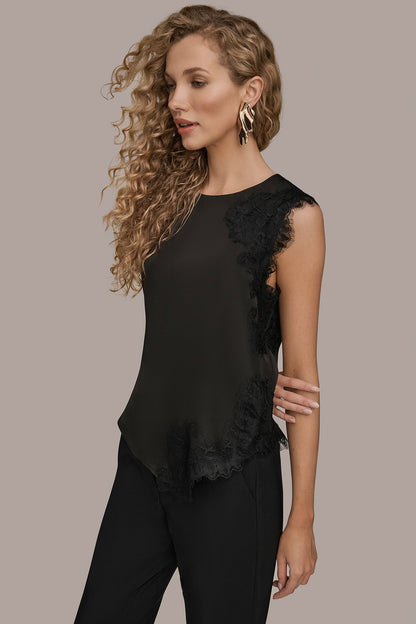 ASYMMETRIC LACE-TRIMMED BLOUSE - Black