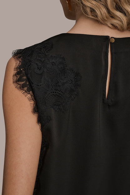 ASYMMETRIC LACE-TRIMMED BLOUSE - Black