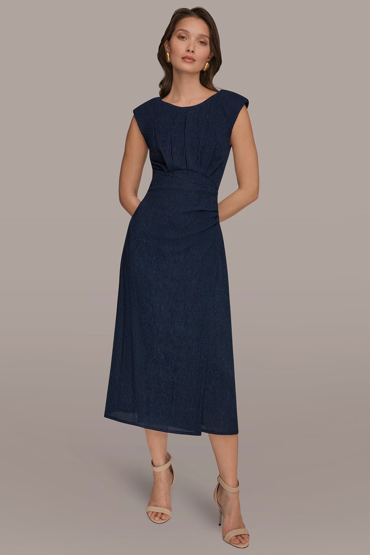 CRINKLED SLEEVELESS RUCHED MIDI DRESS - NIGHTFALL