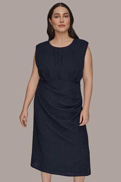 CRINKLED SLEEVELESS RUCHED MIDI DRESS - NIGHTFALL