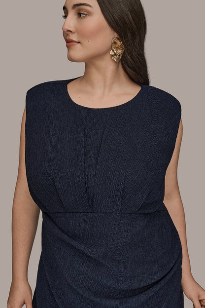 CRINKLED SLEEVELESS RUCHED MIDI DRESS - NIGHTFALL