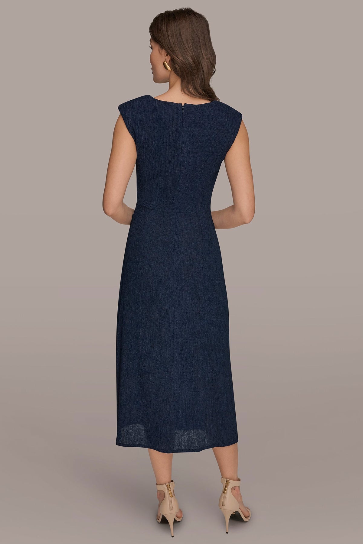 CRINKLED SLEEVELESS RUCHED MIDI DRESS - NIGHTFALL