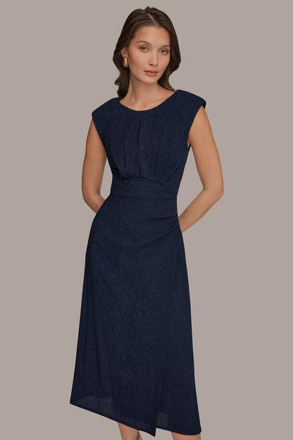 CRINKLED SLEEVELESS RUCHED MIDI DRESS - NIGHTFALL