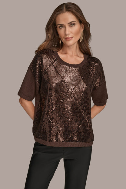 ELBOW-SLEEVE SEQUIN SWEATER - CHOCOLATE PLUM