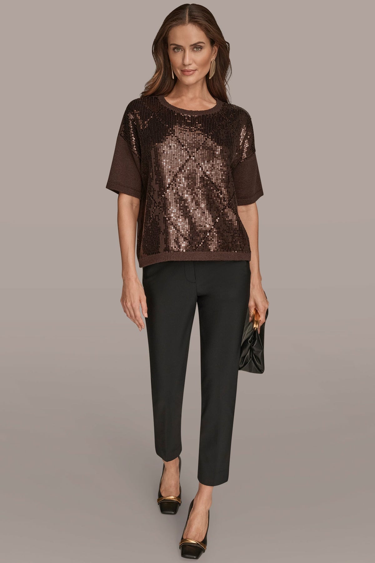 ELBOW-SLEEVE SEQUIN SWEATER - CHOCOLATE PLUM