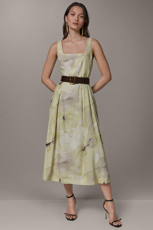 SLEEVELESS SQUARE NECK PRINTED BELTED MIDI FIT AND FLARE DRESS - Citrus Green Combo