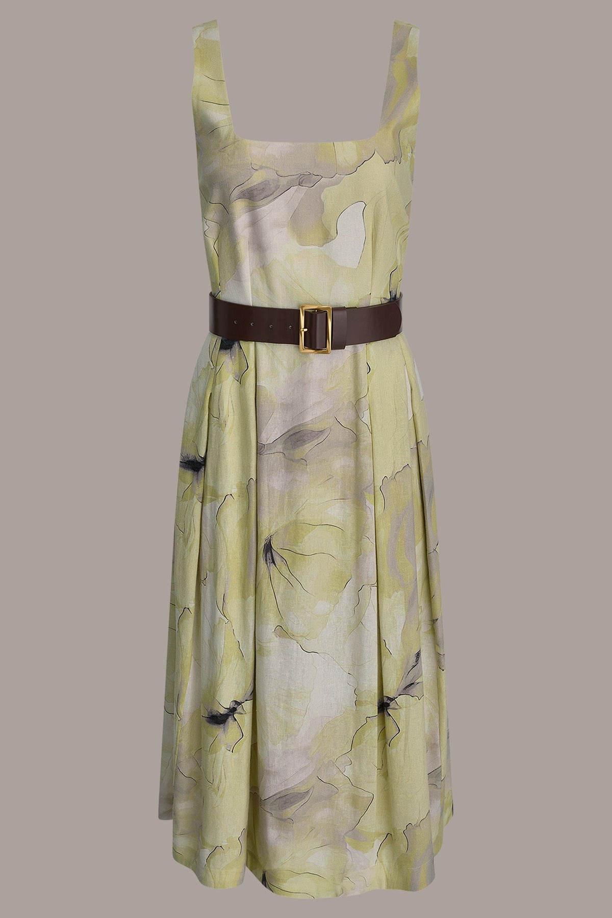 SLEEVELESS SQUARE NECK PRINTED BELTED MIDI FIT AND FLARE DRESS - Citrus Green Combo