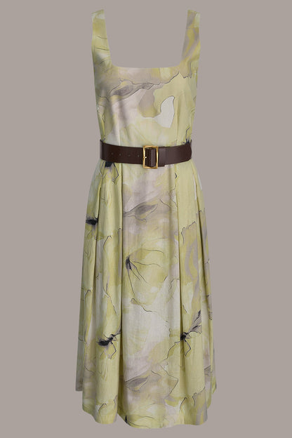 SLEEVELESS SQUARE NECK PRINTED BELTED MIDI FIT AND FLARE DRESS - Citrus Green Combo