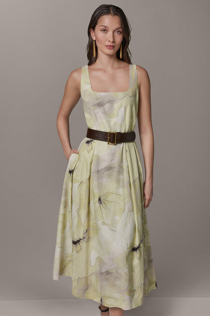 SLEEVELESS SQUARE NECK PRINTED BELTED MIDI FIT AND FLARE DRESS - Citrus Green Combo