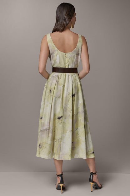 SLEEVELESS SQUARE NECK PRINTED BELTED MIDI FIT AND FLARE DRESS - Citrus Green Combo