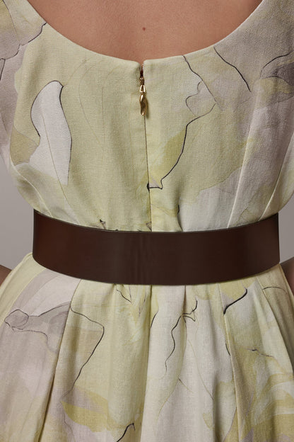 SLEEVELESS SQUARE NECK PRINTED BELTED MIDI FIT AND FLARE DRESS - Citrus Green Combo