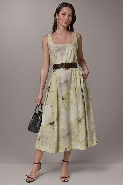 SLEEVELESS SQUARE NECK PRINTED BELTED MIDI FIT AND FLARE DRESS - Citrus Green Combo