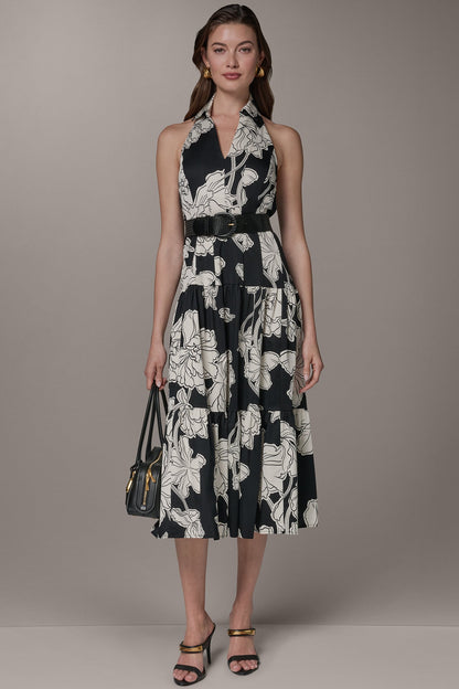 SLEEVELESS MIDI HALTER SHIRT DRESS - Black Cream
