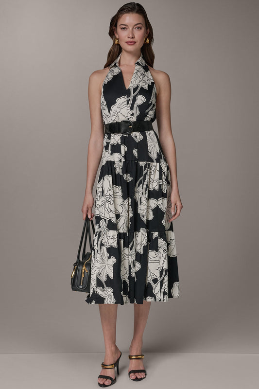 SLEEVELESS MIDI HALTER SHIRT DRESS - Black Cream