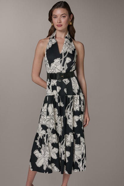 SLEEVELESS MIDI HALTER SHIRT DRESS - Black Cream