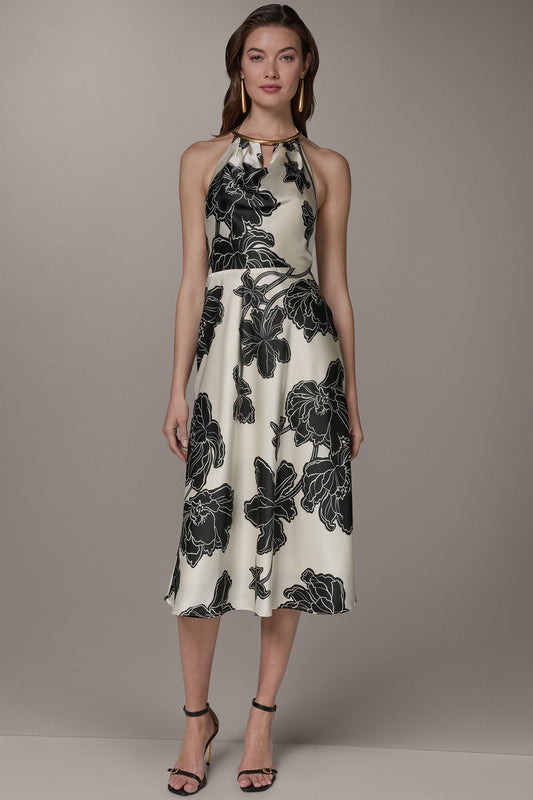 SLEEVELESS FLORAL MIDI HALTER DRESS - Cream/Black