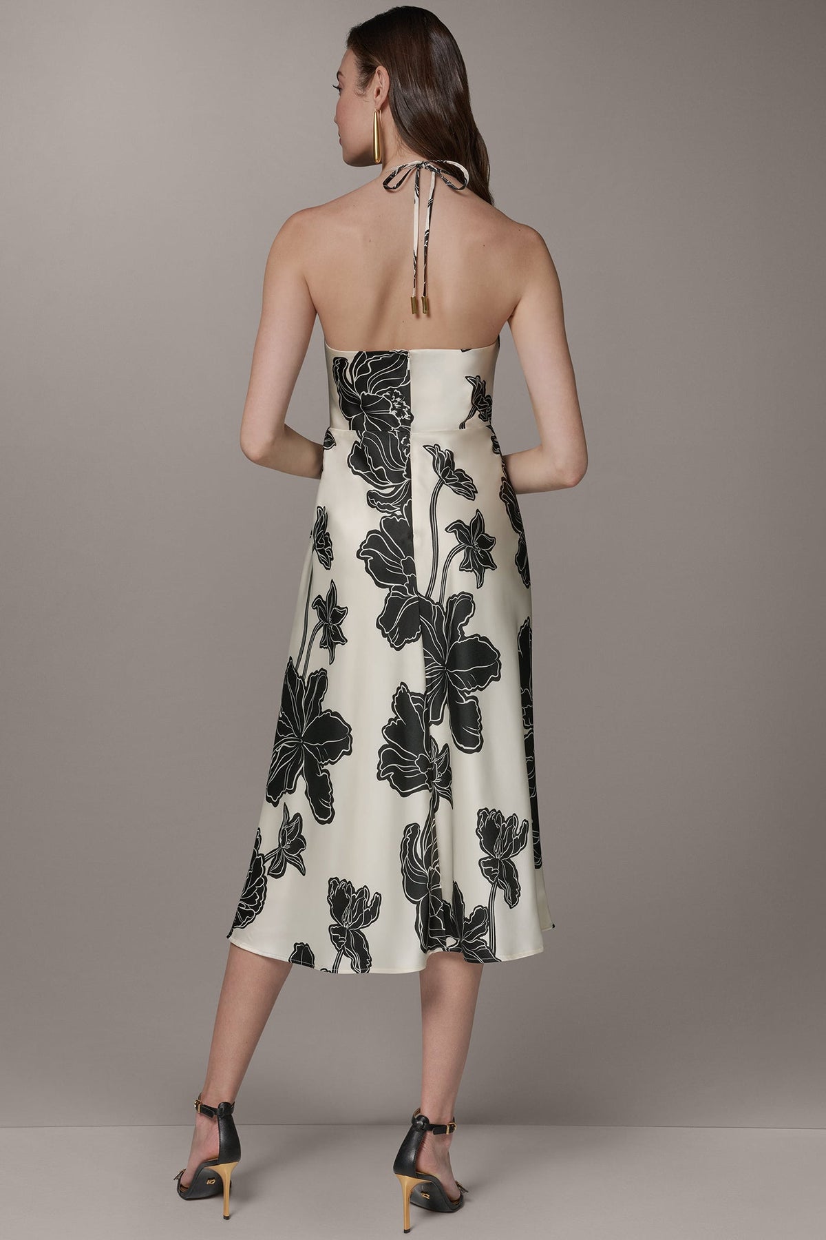SLEEVELESS FLORAL MIDI HALTER DRESS - Cream/Black