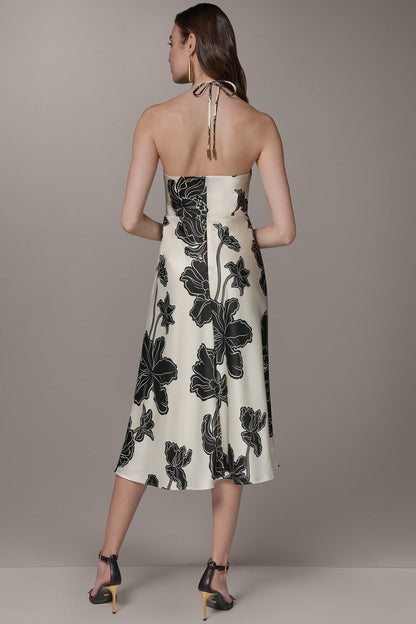 SLEEVELESS FLORAL MIDI HALTER DRESS - Cream/Black