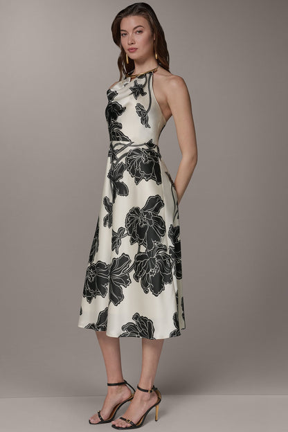 SLEEVELESS FLORAL MIDI HALTER DRESS - Cream/Black