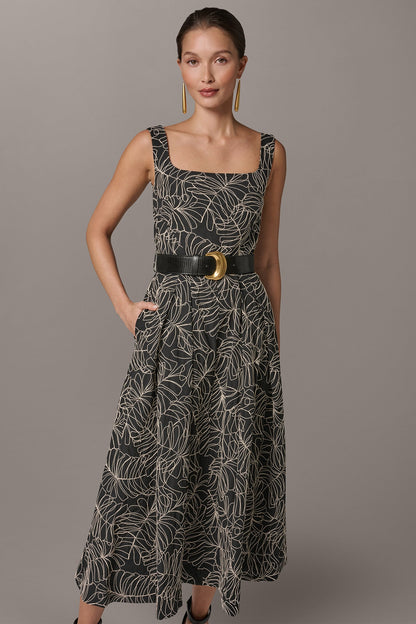 SLEEVELESS PLEATED MIDI A-LINE DRESS - Black/Light Canvas