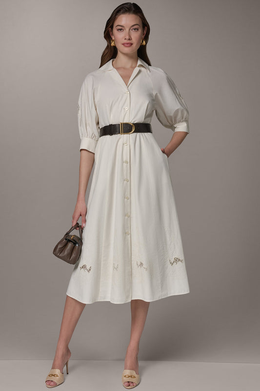 PUFF SLEEVE MIDI SHIRT DRESS - Cream