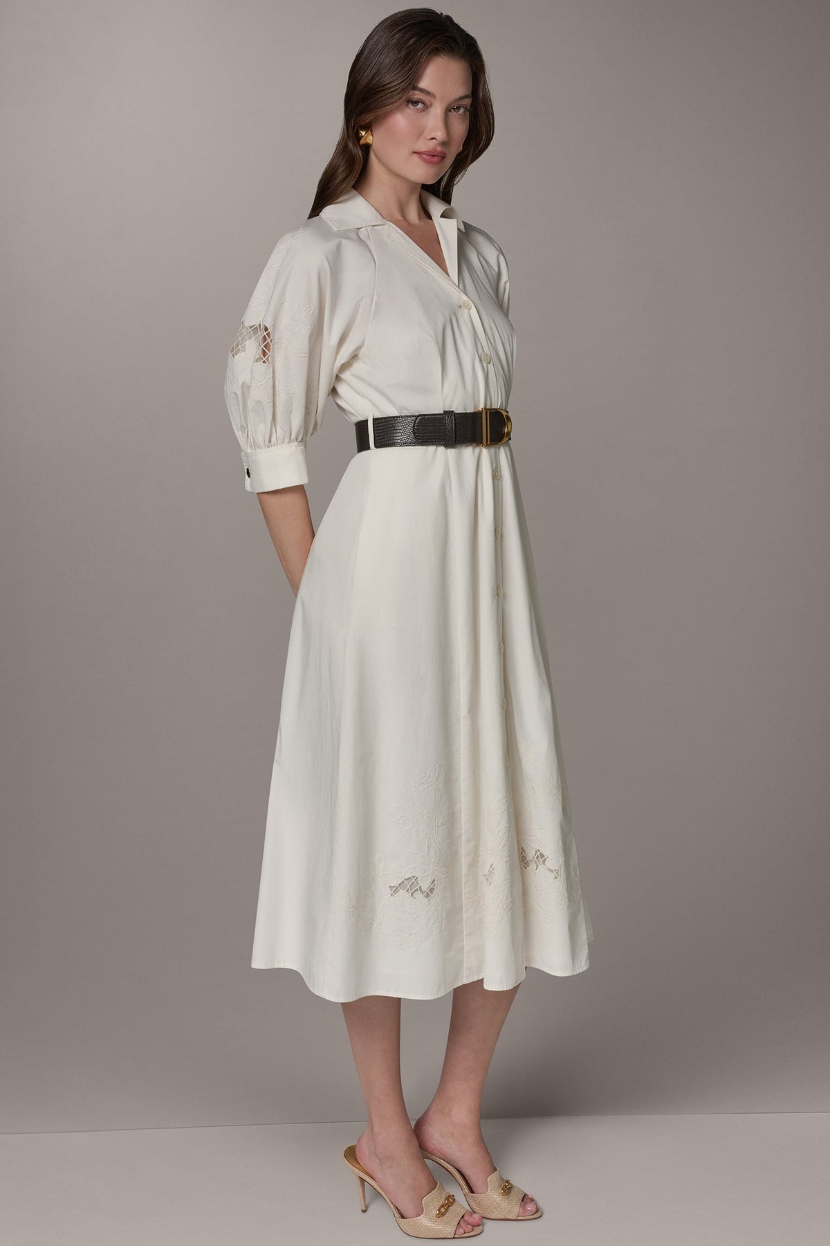 PUFF SLEEVE MIDI SHIRT DRESS - Cream