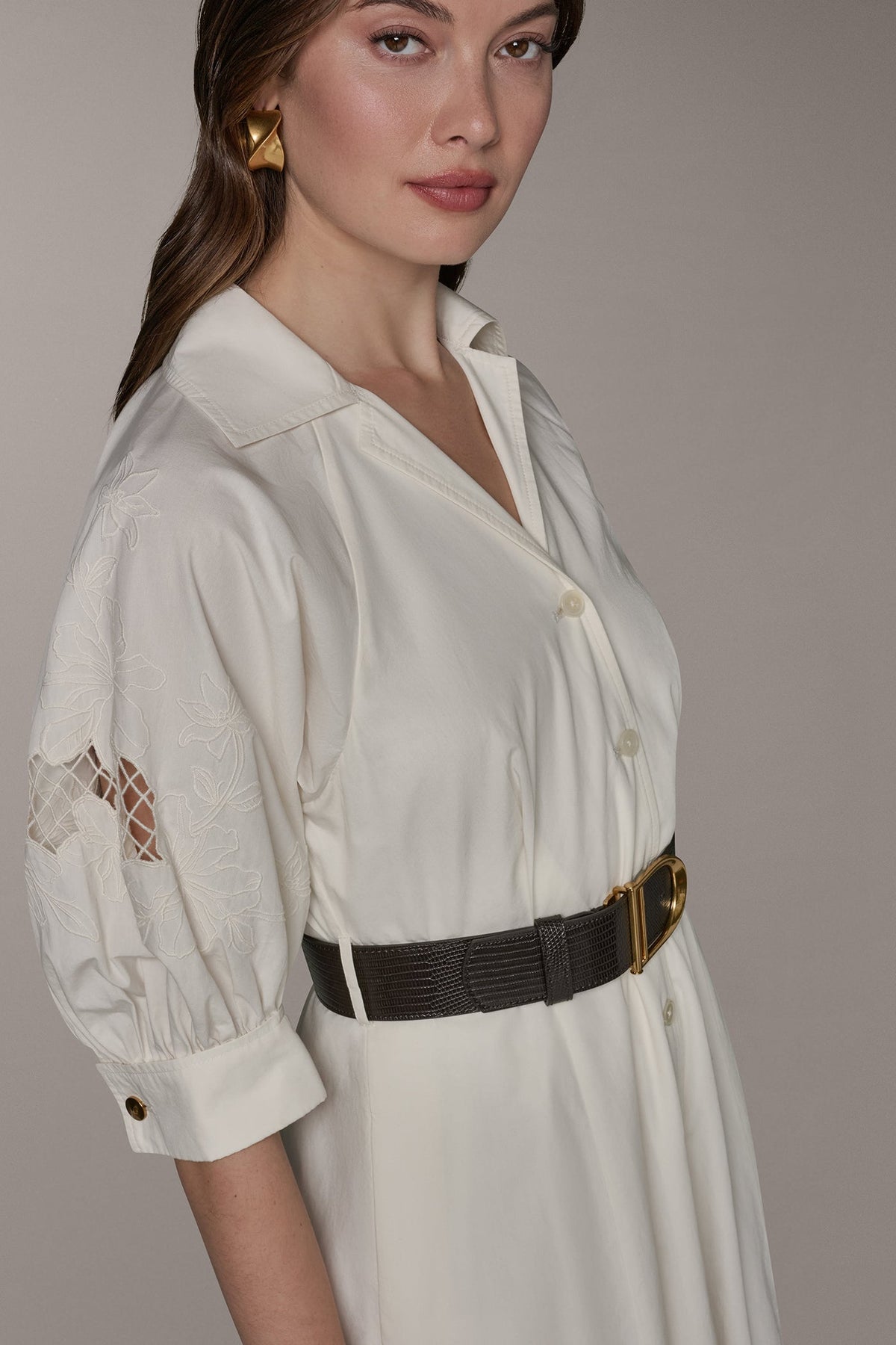 PUFF SLEEVE MIDI SHIRT DRESS - Cream
