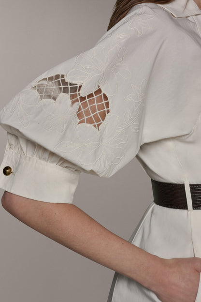 PUFF SLEEVE MIDI SHIRT DRESS - Cream