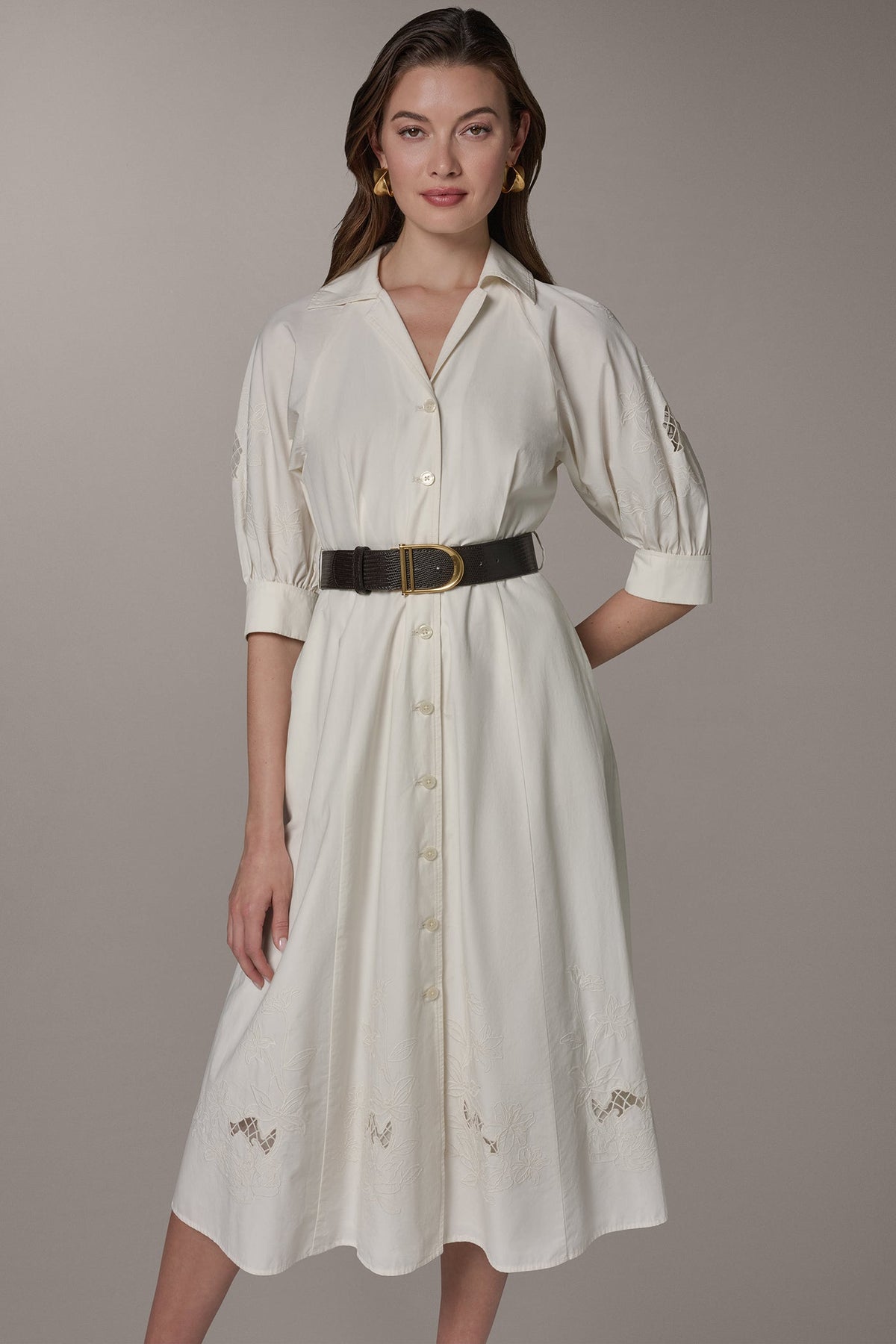 PUFF SLEEVE MIDI SHIRT DRESS - Cream