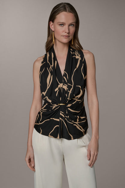 RUCHED V-NECK TOP - Black /Fawn