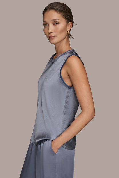 SATIN FRINGE-TRIMMED SLEEVELESS BLOUSE - Tempest