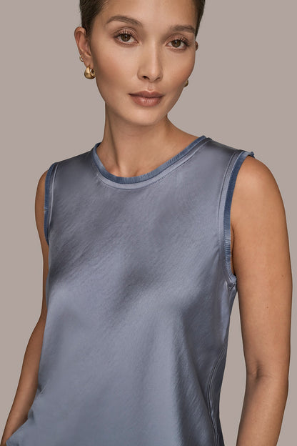 SATIN FRINGE-TRIMMED SLEEVELESS BLOUSE - Tempest