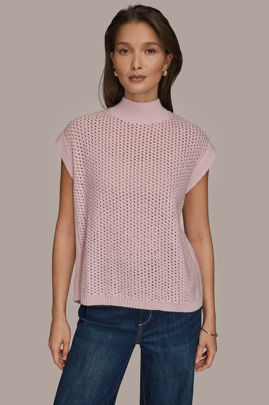 SLEEVELESS MOCK-NECK OPEN STITCH SWEATER - PINK WISTERIA