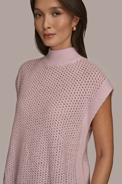SLEEVELESS MOCK-NECK OPEN STITCH SWEATER - PINK WISTERIA