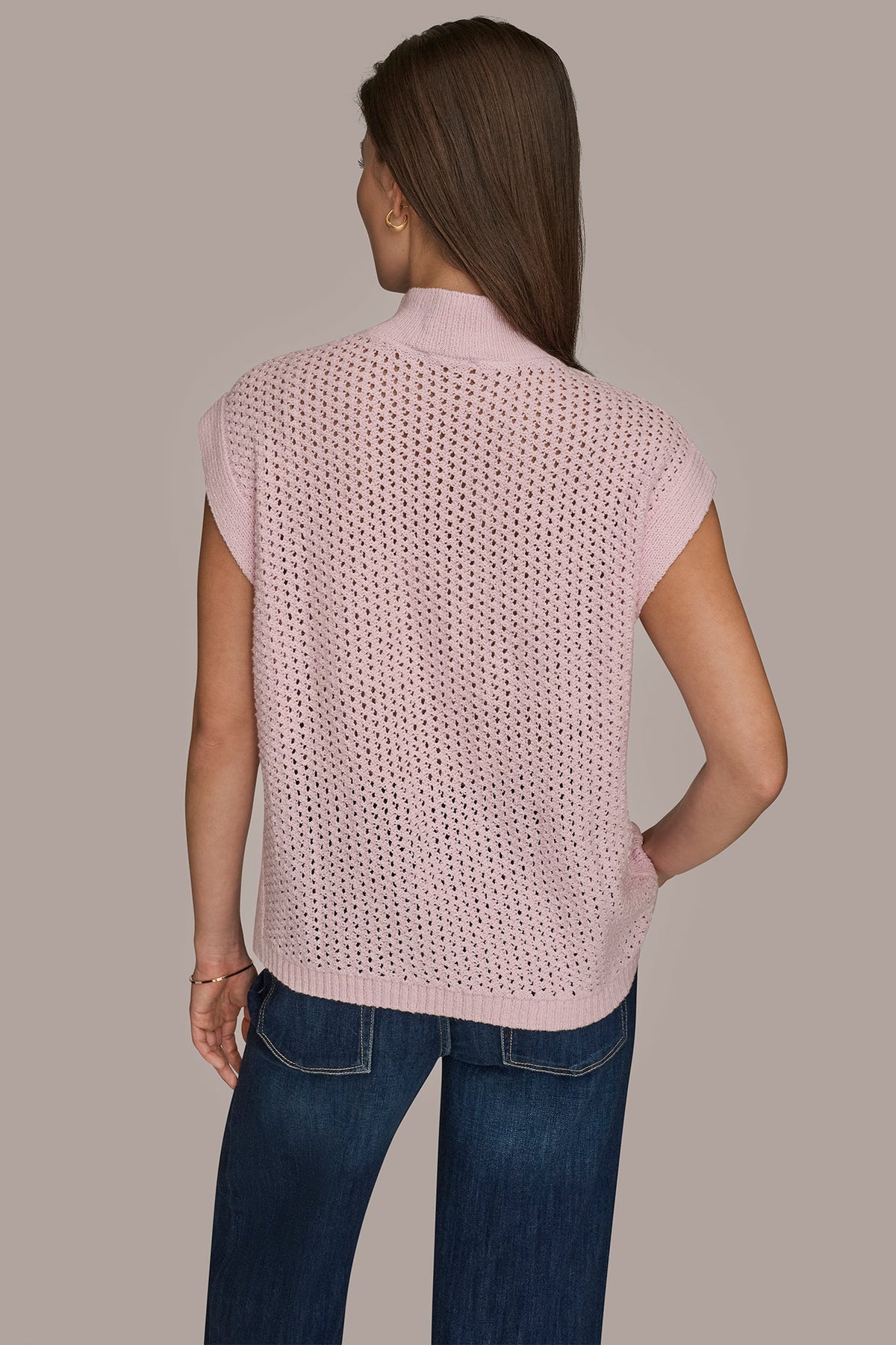 SLEEVELESS MOCK-NECK OPEN STITCH SWEATER - PINK WISTERIA