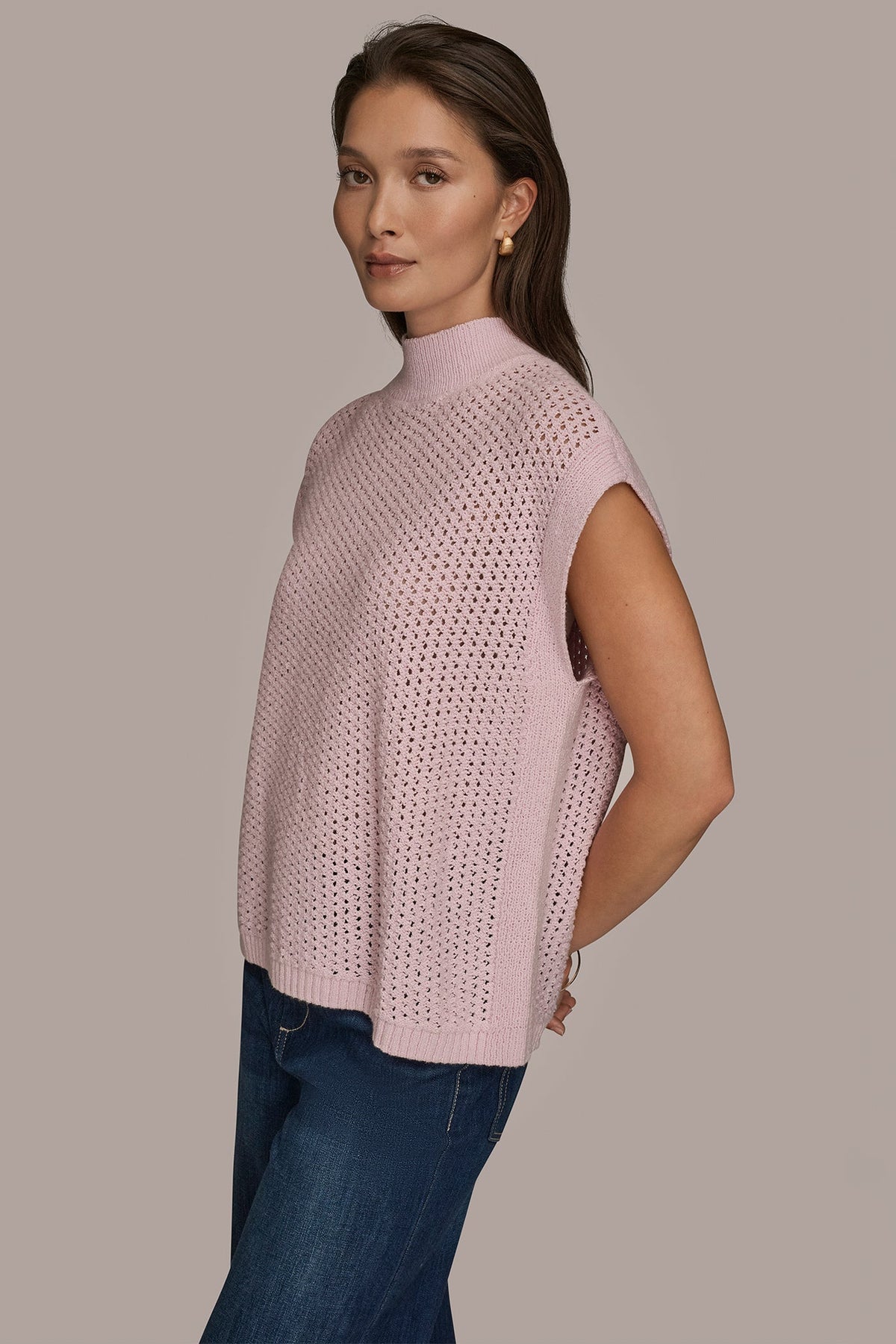 SLEEVELESS MOCK-NECK OPEN STITCH SWEATER - PINK WISTERIA