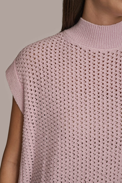 SLEEVELESS MOCK-NECK OPEN STITCH SWEATER - PINK WISTERIA