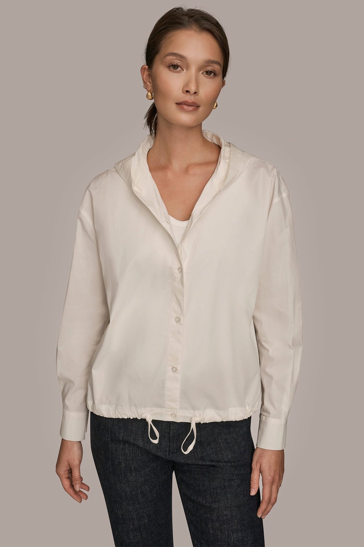 HOODED BUTTON-DOWN SHIRT - CREAM
