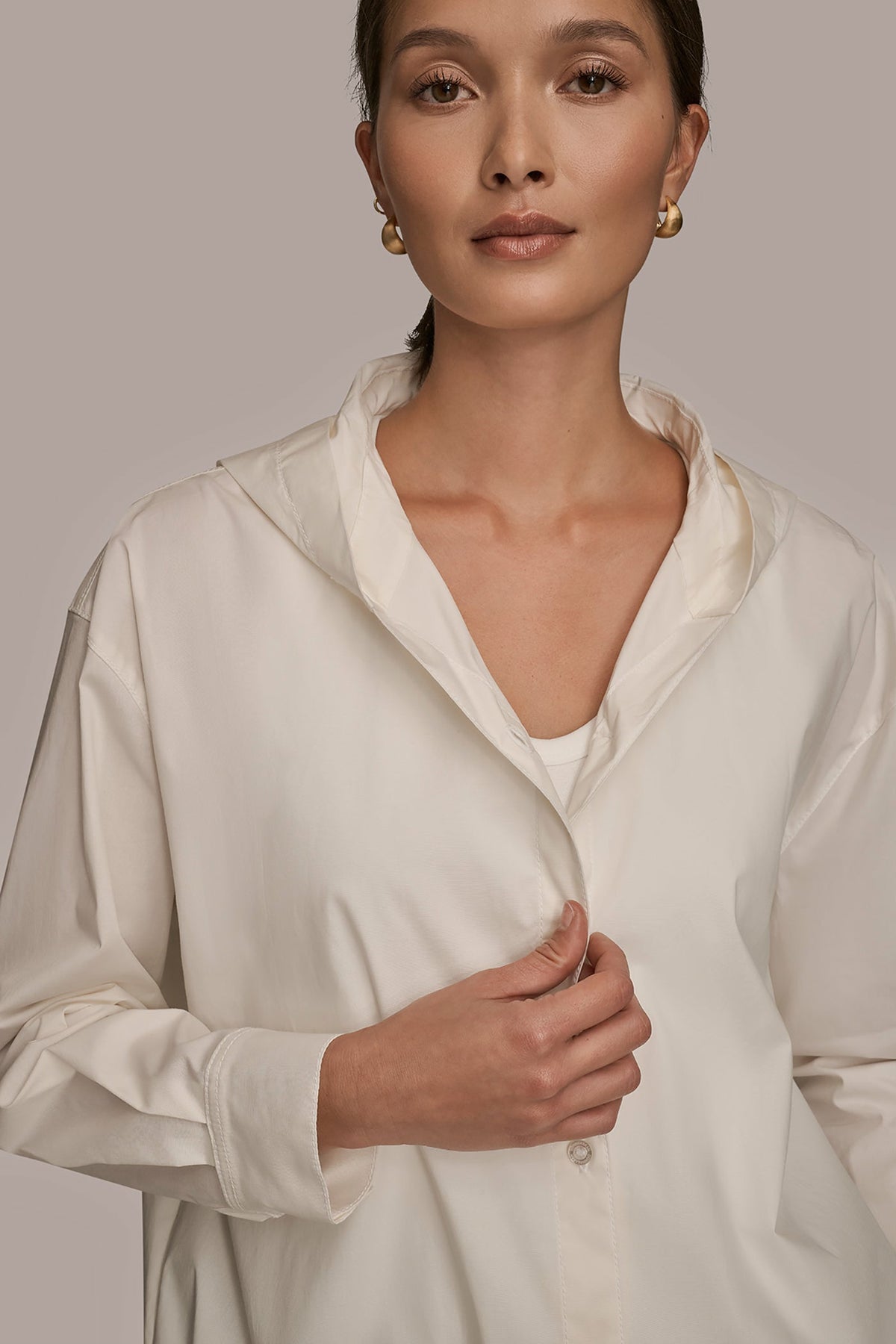 HOODED BUTTON-DOWN SHIRT - CREAM
